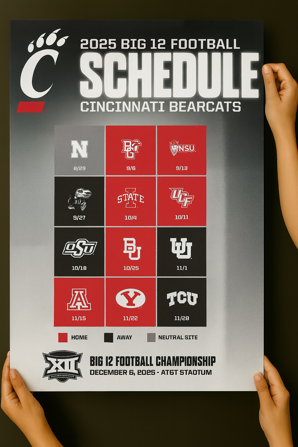 Cincinnati Bearcats 2025 Football Schedule Poster 13in x 19in