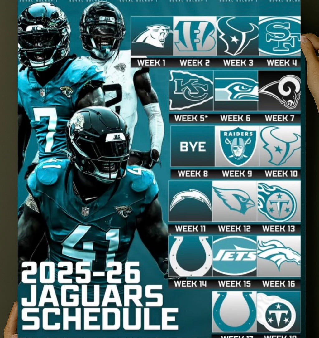 Jacksonville Jaguars 2025 Football Schedule Poster 16.5in x 20.5in