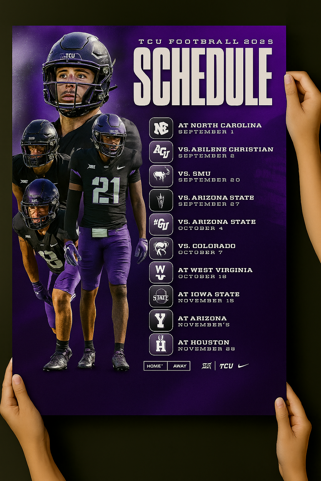 TCU Horned Frogs 2025 Football Schedule Poster 13in x 19in