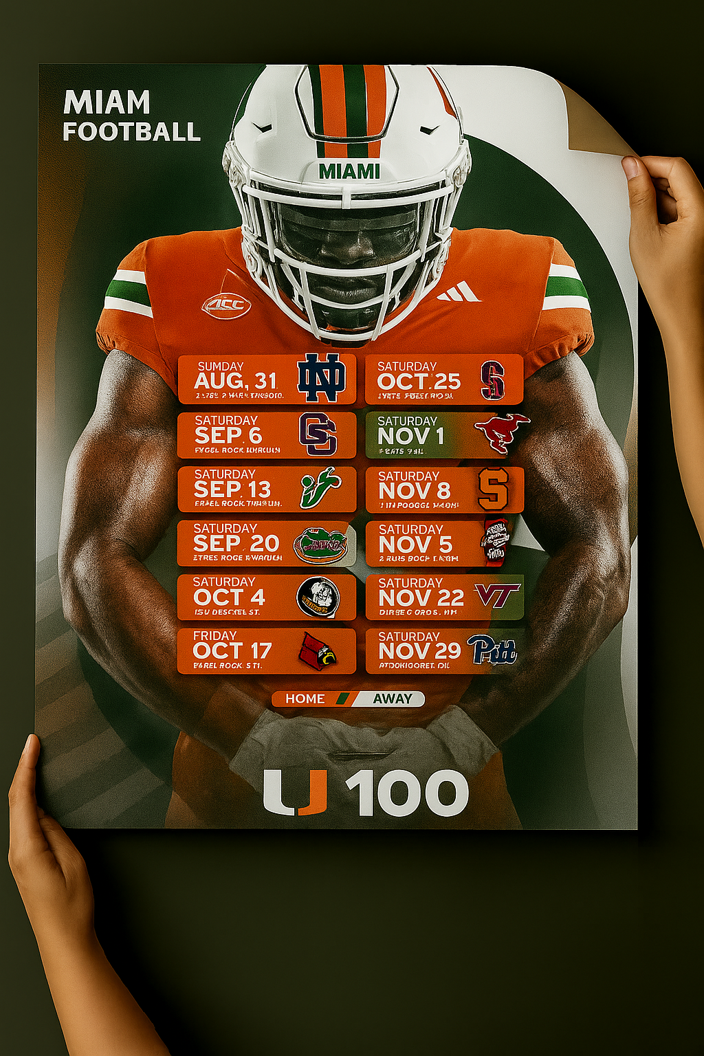 Miami Hurricanes 2025 Football Schedule Poster 13in x 19in