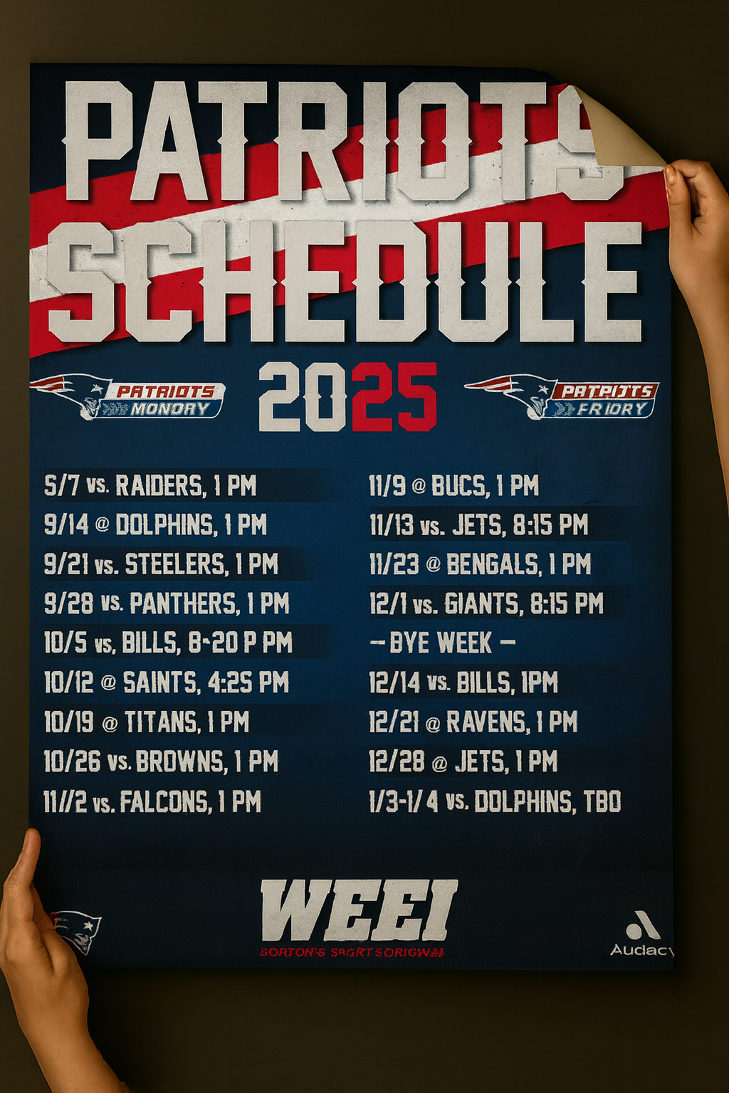 New England Patriots 2025 Football Schedule Poster 16.5in x 20.5in