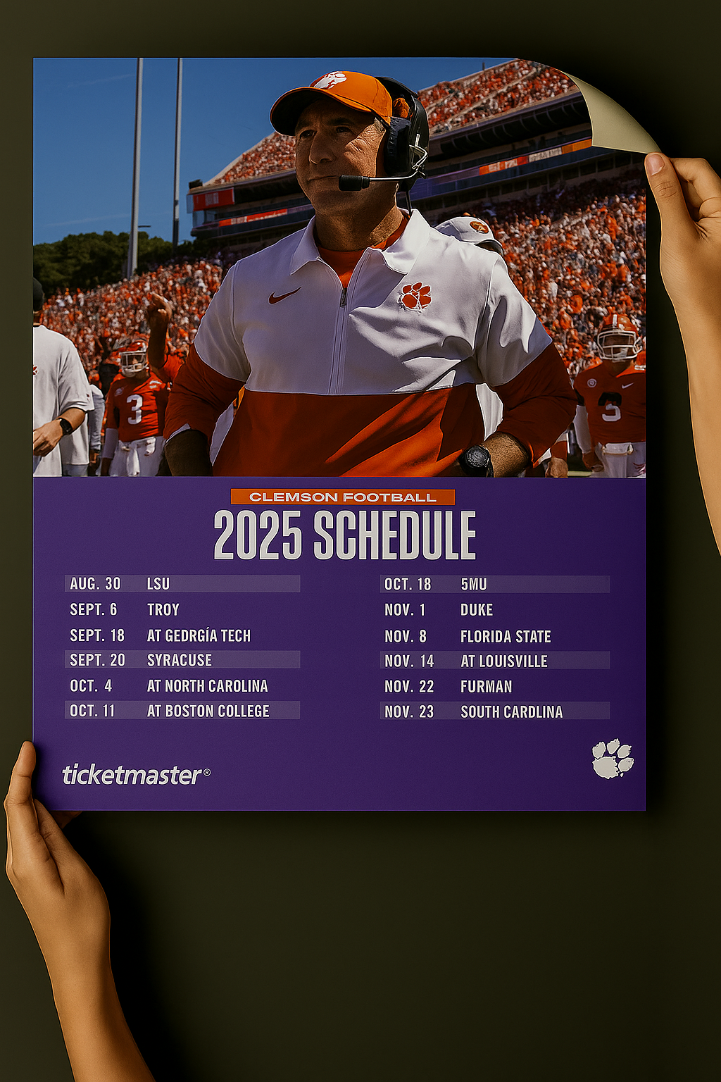 Clemson Tigers 2025 Football Schedule Poster 13in x 19in