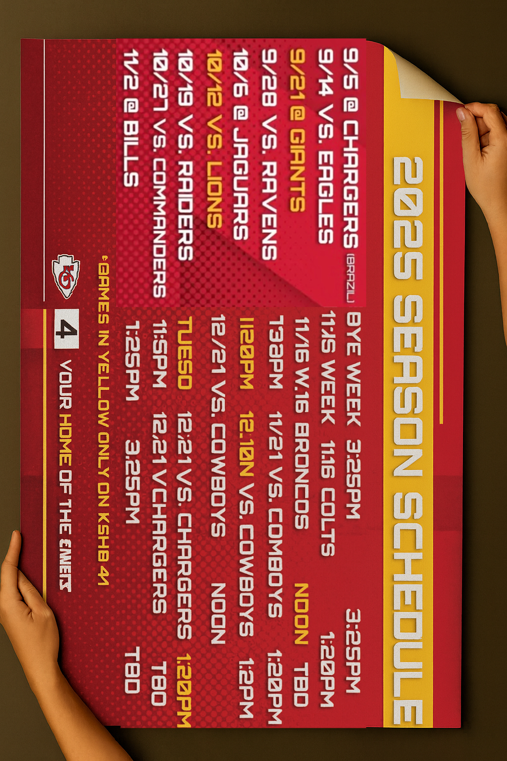 2025 Kansas City Chiefs football schedule poster Game Day edition with energetic red and gold matchup layout.