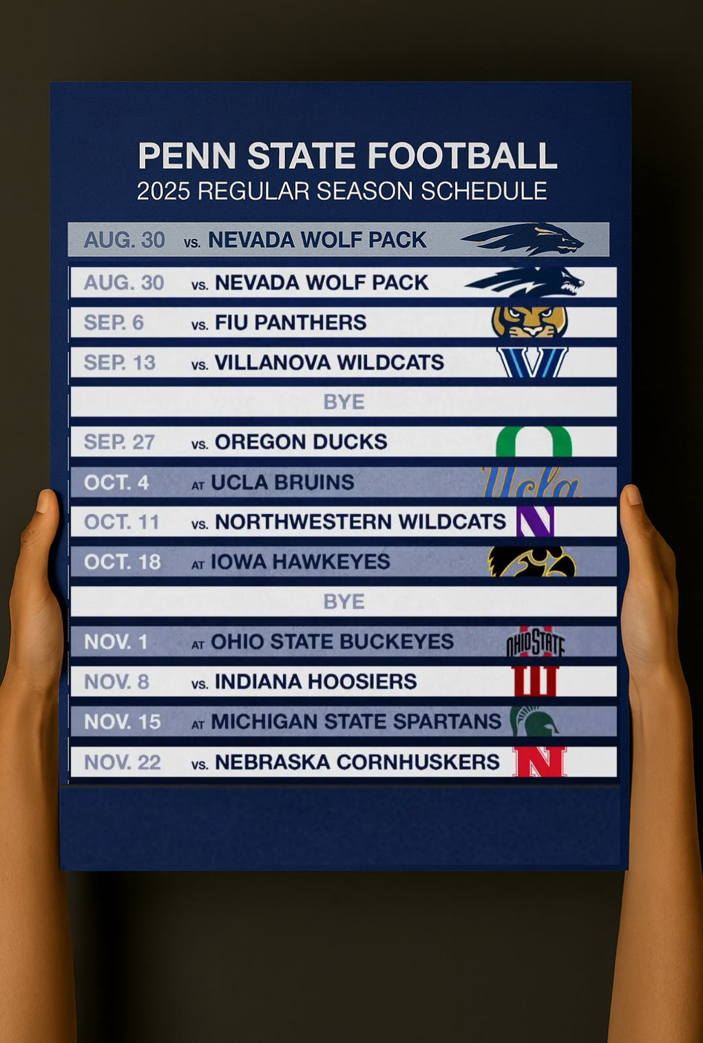 2025 Penn State Nittany Lions football schedule poster with Beaver Stadium design in blue and white team colors.
