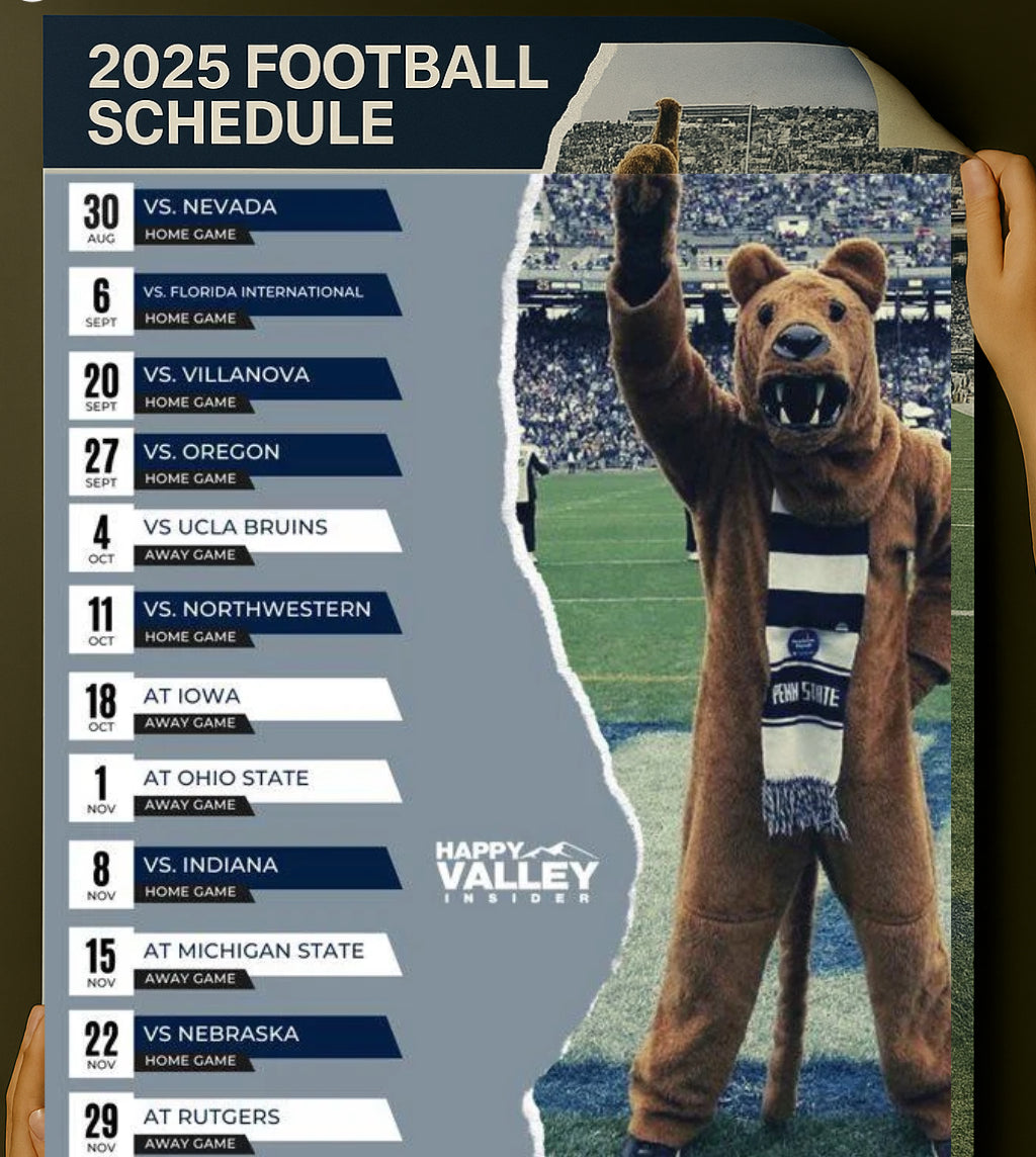 2025 Penn State Nittany Lions football schedule poster with black background and full season games listed.