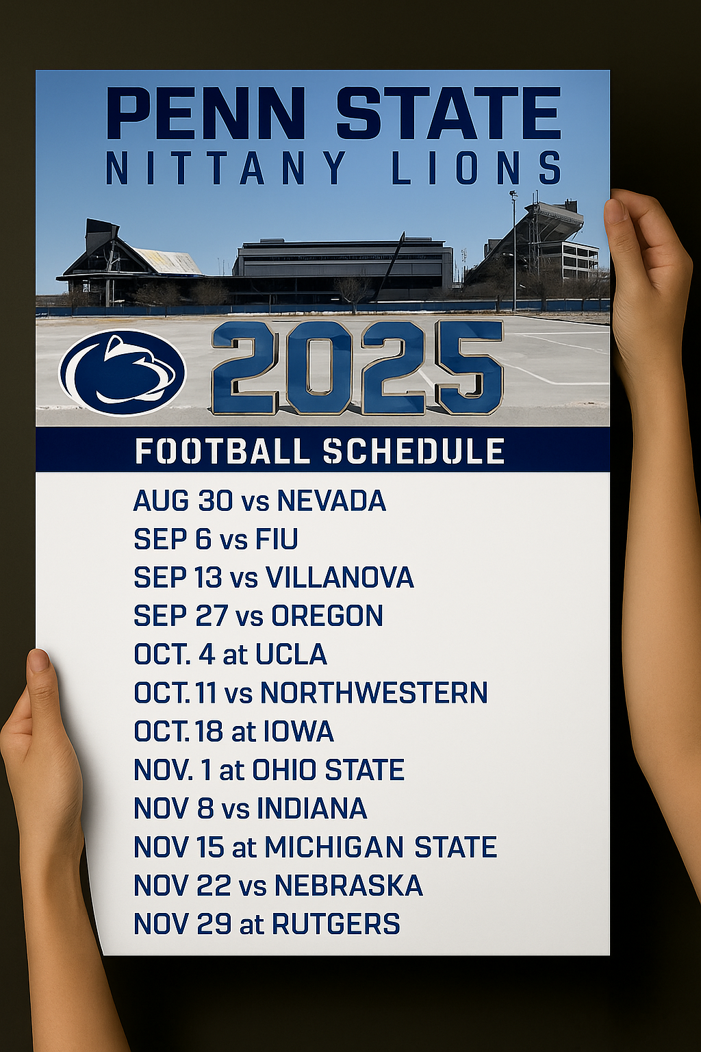 2025 Penn State Nittany Lions football schedule poster with blue and white team colors and full season matchups.