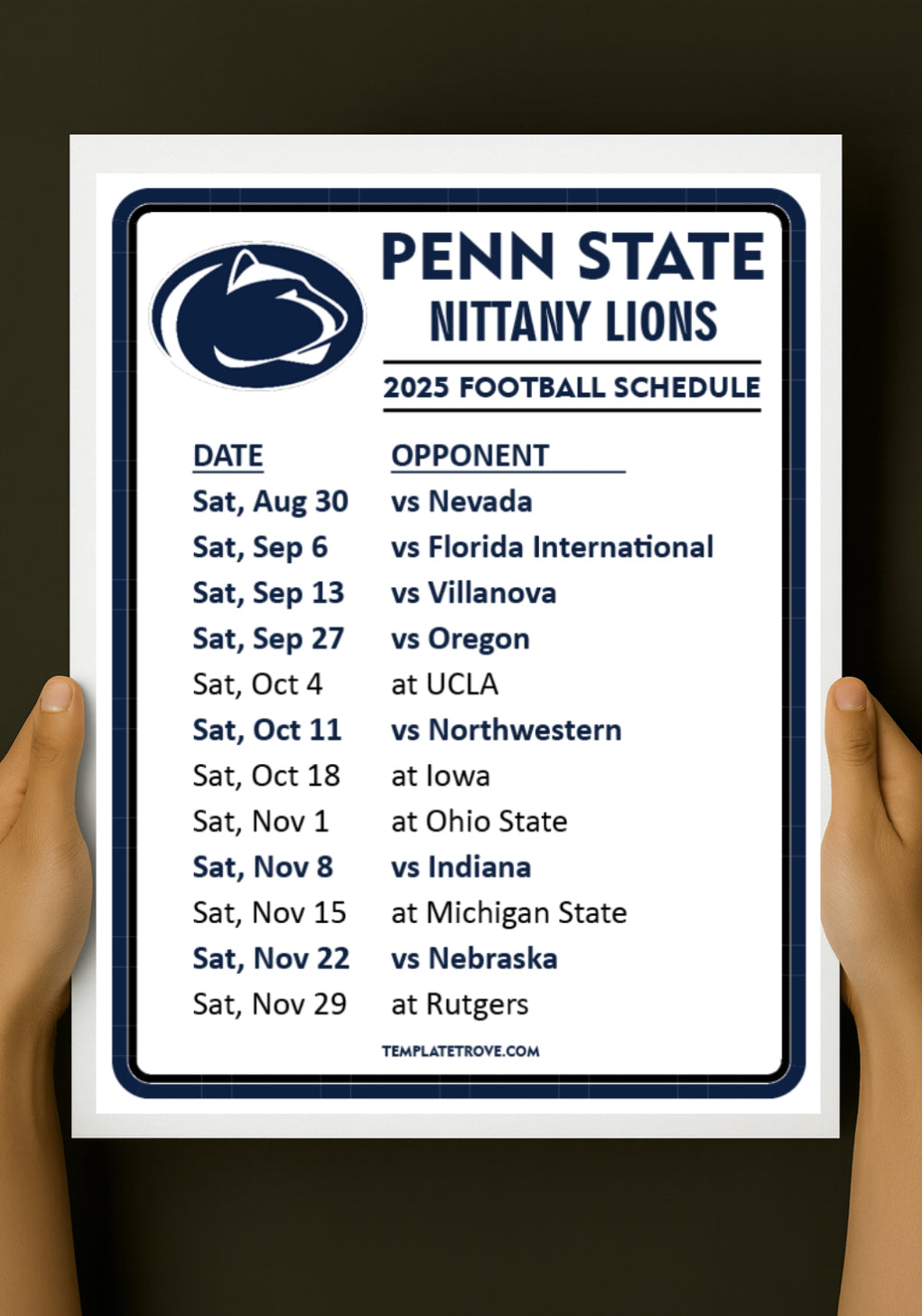 2025 Penn State Nittany Lions football schedule poster with vintage-inspired design and retro PSU colors.