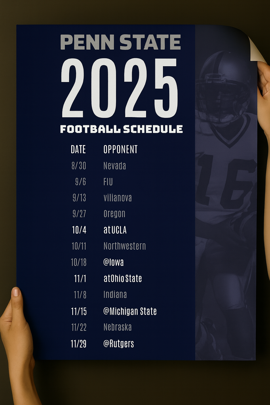 2025 Penn State Nittany Lions football schedule poster featuring White Out theme with bold blue and white design.