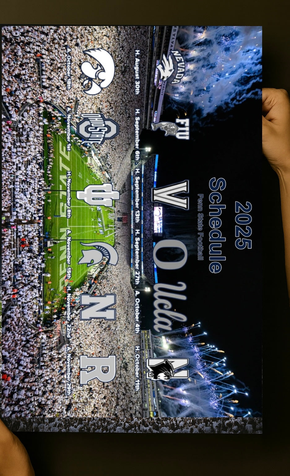 2026 Penn State Nittany Lions football schedule poster with White Out game theme—blue and white, stadium imagery included.