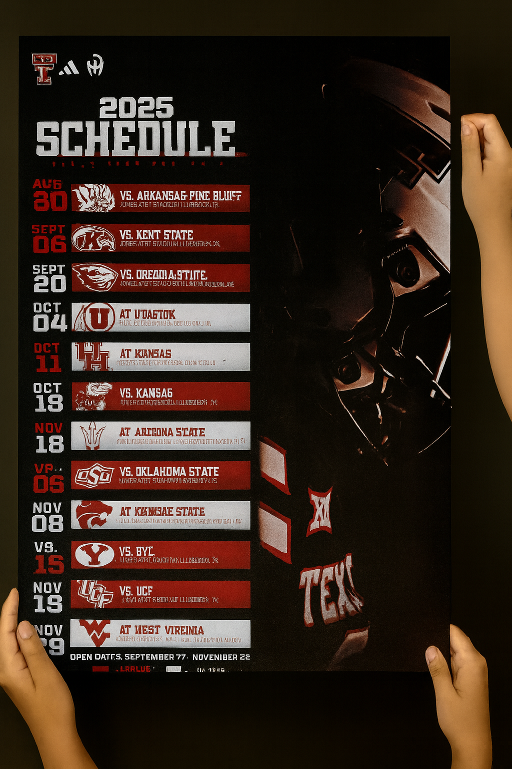 Texas Tech Red Raiders 2025 Football Schedule Poster 13in x 19in