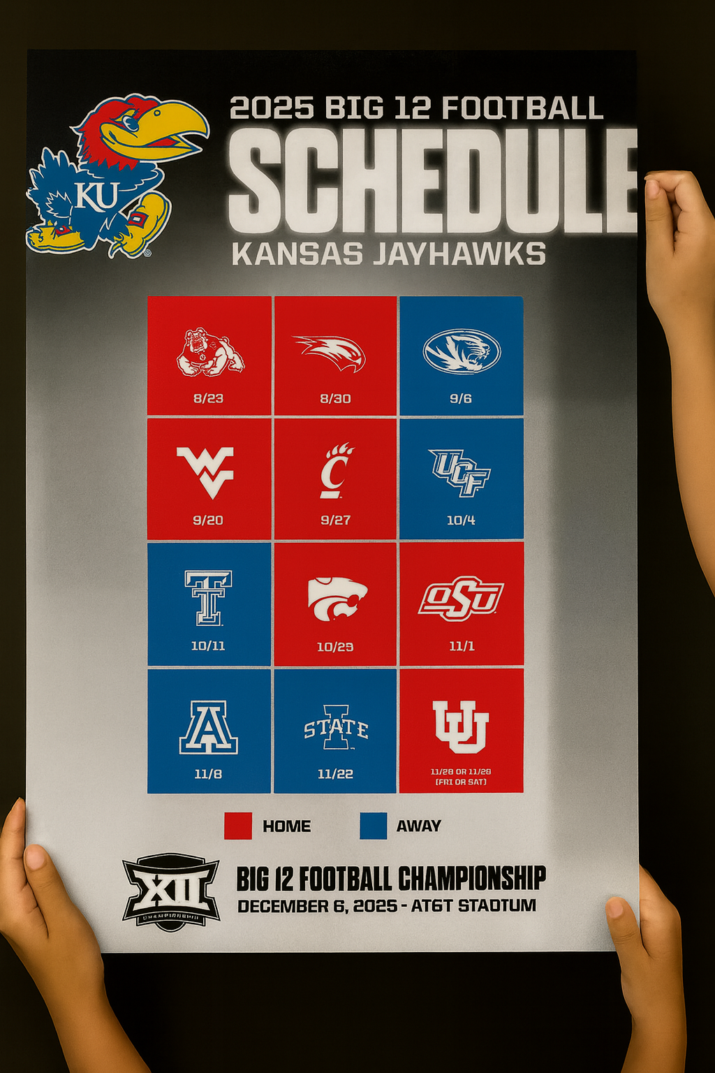 Kansas Jayhawks 2025 Football Schedule Poster 13in x 19in