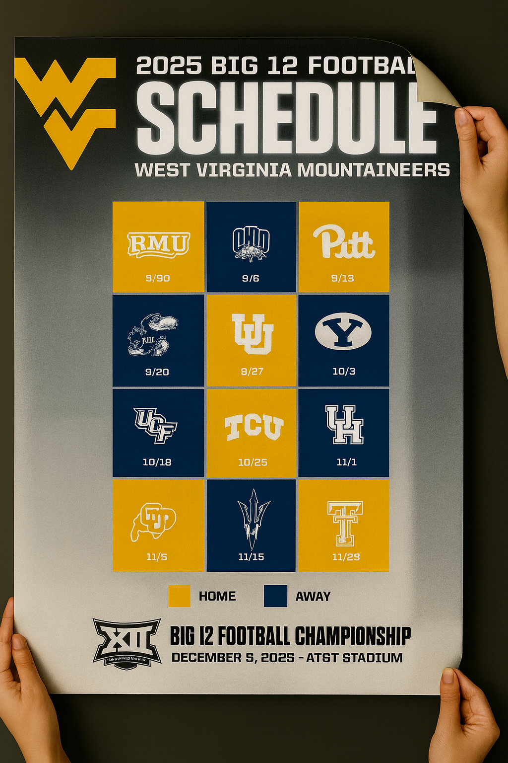 West Virginia Mountaineers 2025 Football Schedule Poster 13in x 19in