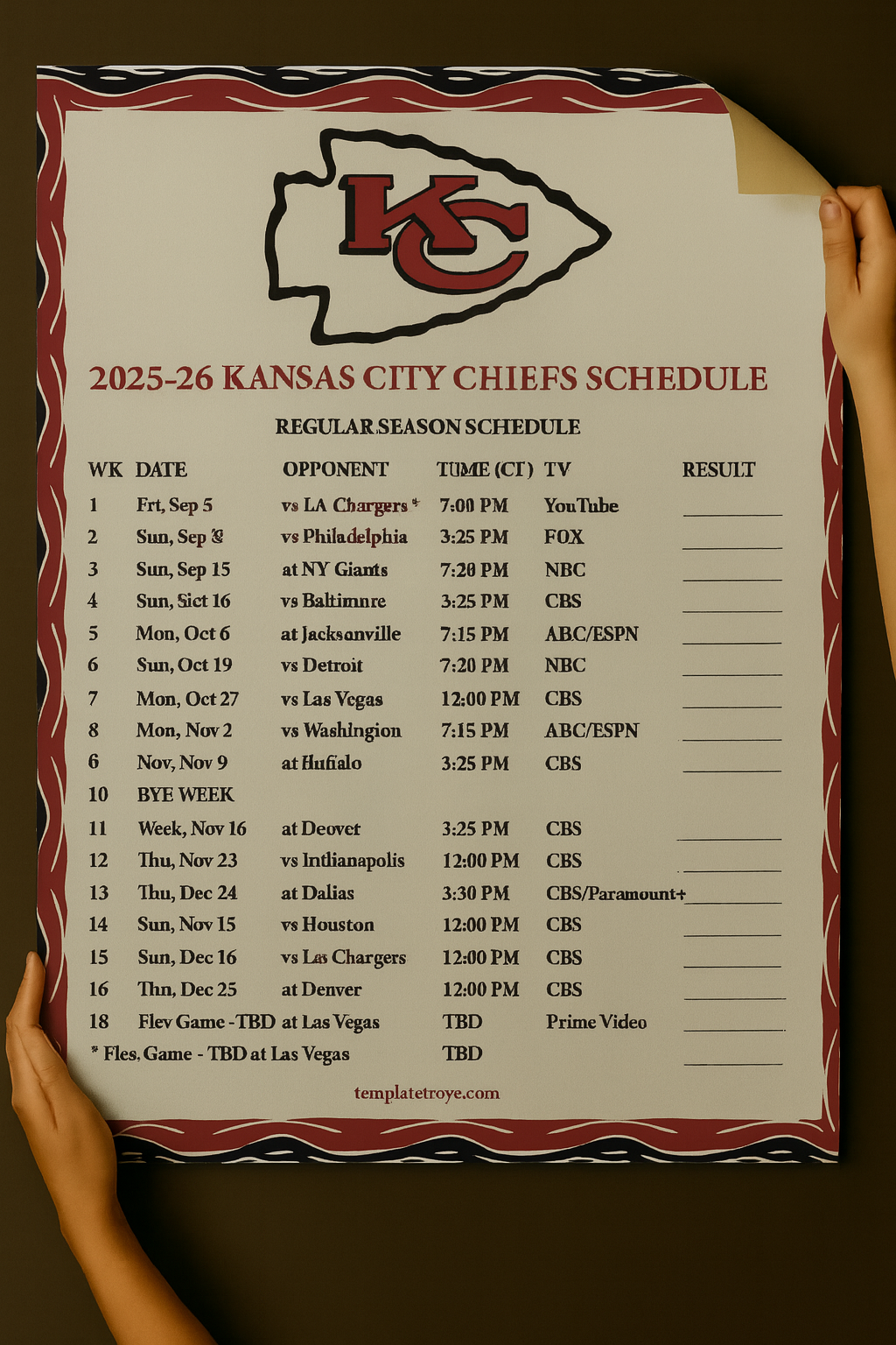 Kansas City Chiefs 2025 Football Schedule Poster 16.5in x 20.5in Schedule