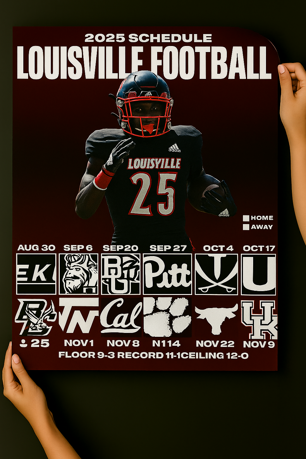 Louisville Cardinals 2025 Football Schedule Poster 13in x 19in