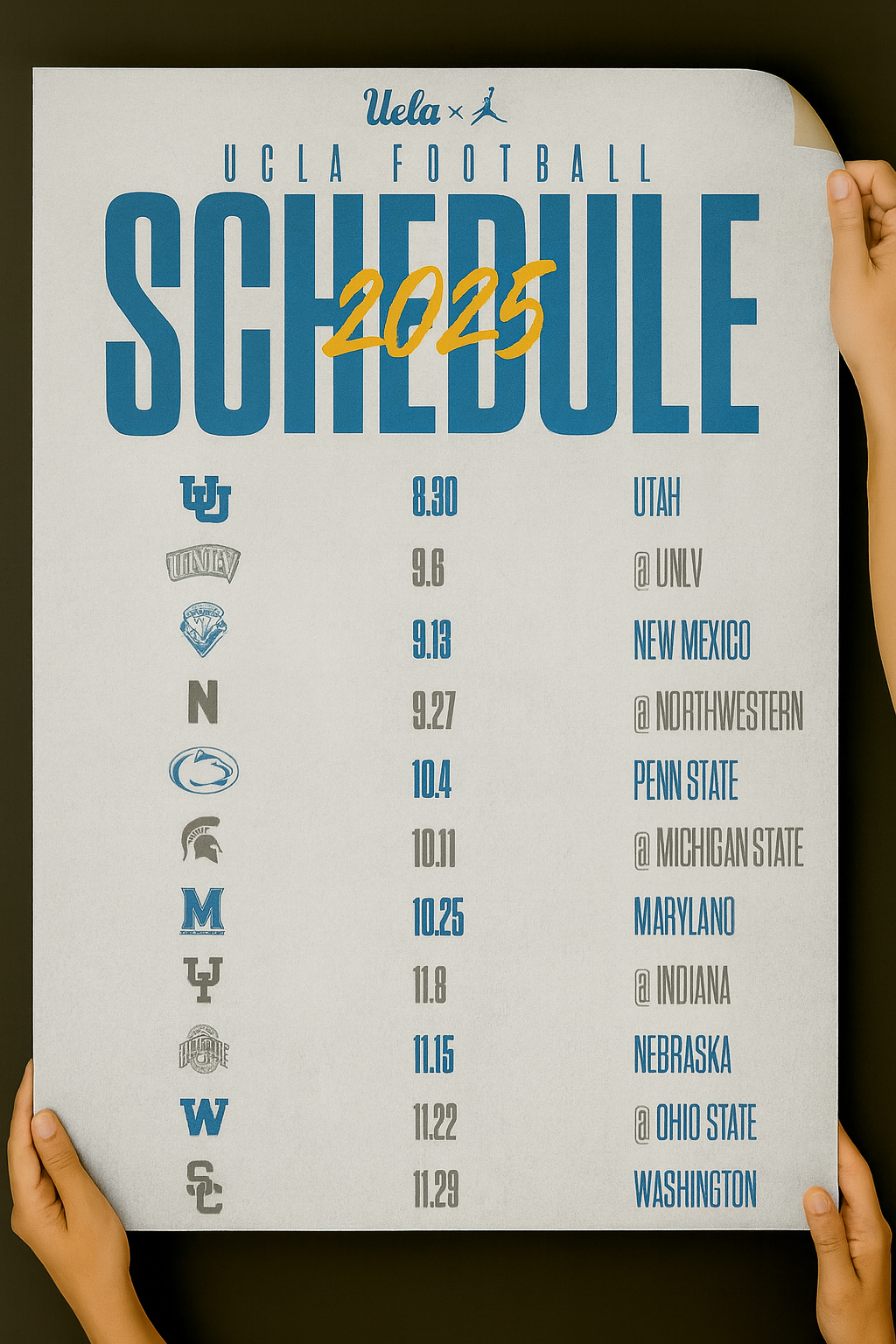 UCLA Bruins 2025 Football Schedule Poster 13in x 19in