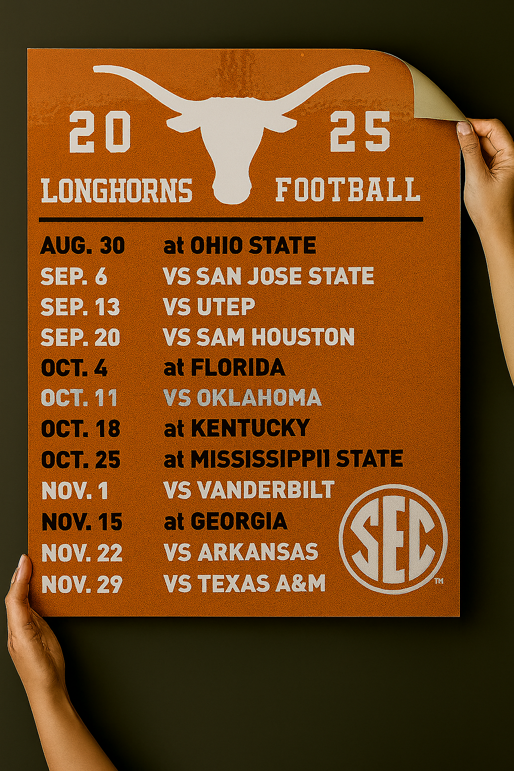 Texas Longhorns 2025 Football Schedule Poster 13in x 19in