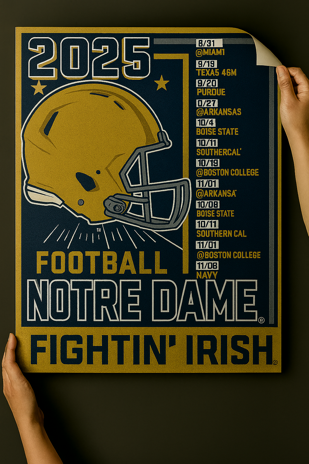 Notre Dame Fighting Irish 2025 Football Schedule Poster 13in x 19in