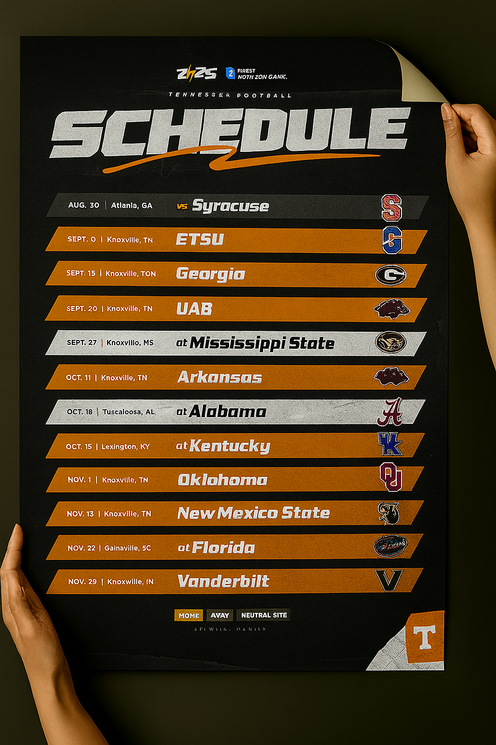 Tennessee Volunteers 2025 Football Schedule Poster 13in x 19in