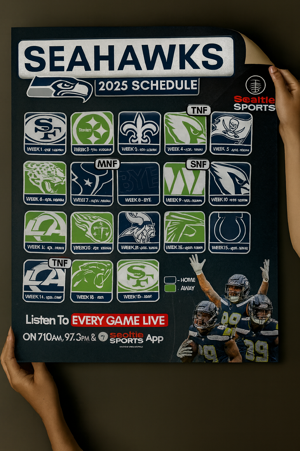 Seattle Seahawks 2025 Football Schedule Poster 16.5in x 20.5in