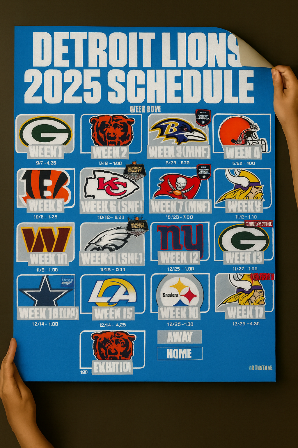 Detroit Lions 2025 Football Schedule Poster 16.5in x 20.5in