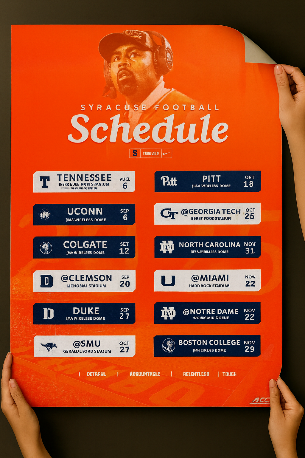 Syracuse Orange 2025 Football Schedule Poster 13in x 19in