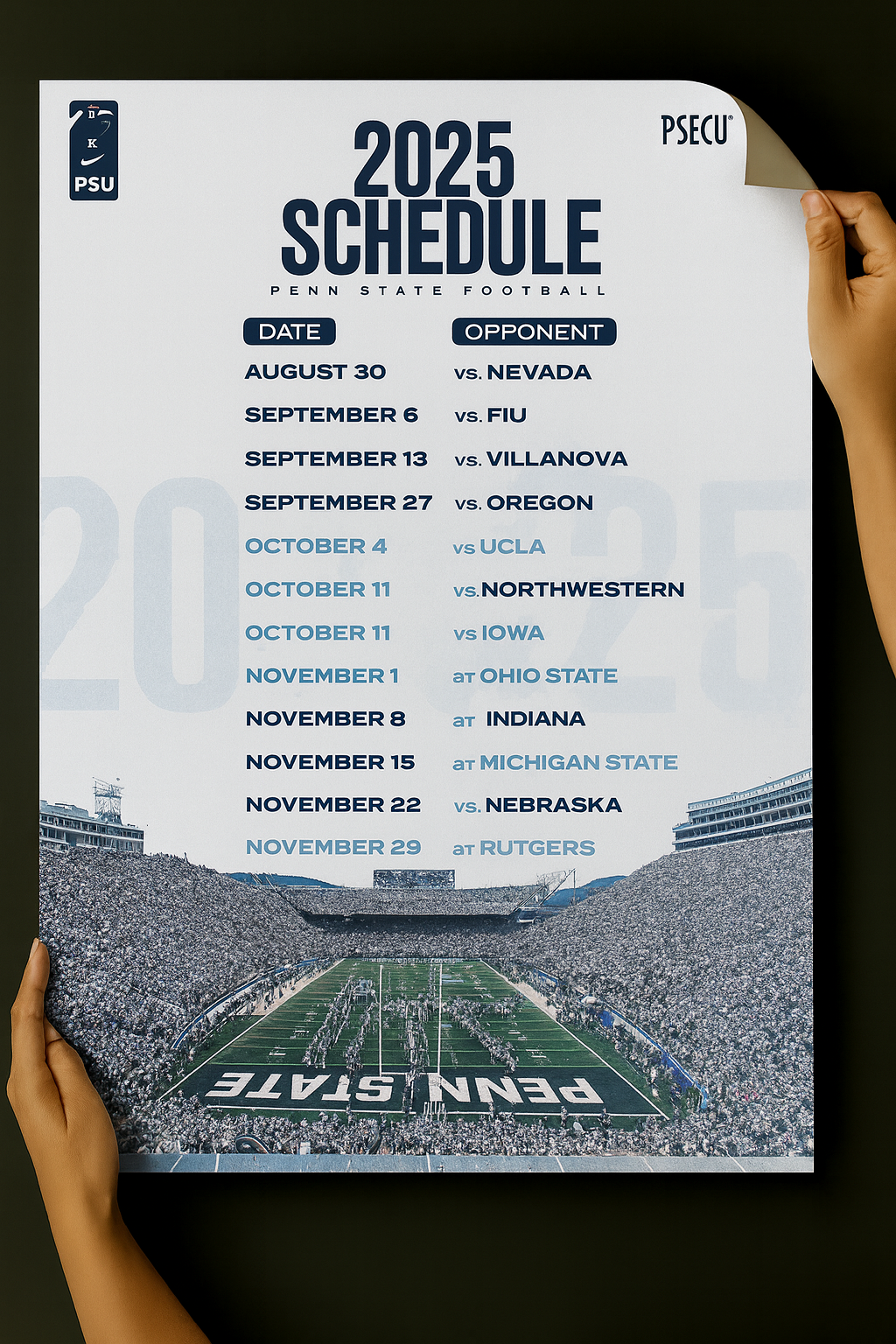Penn State Nittany Lions 2025 Football Schedule Poster 13in x 19in