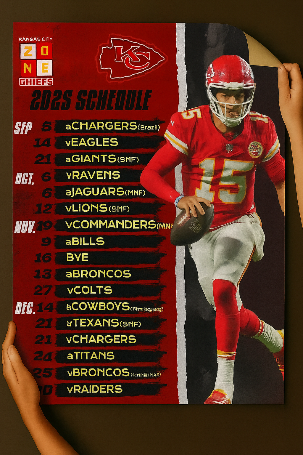 Kansas City Chiefs 2025 Football Schedule Poster 16.5in x 20.5in Poster 2025