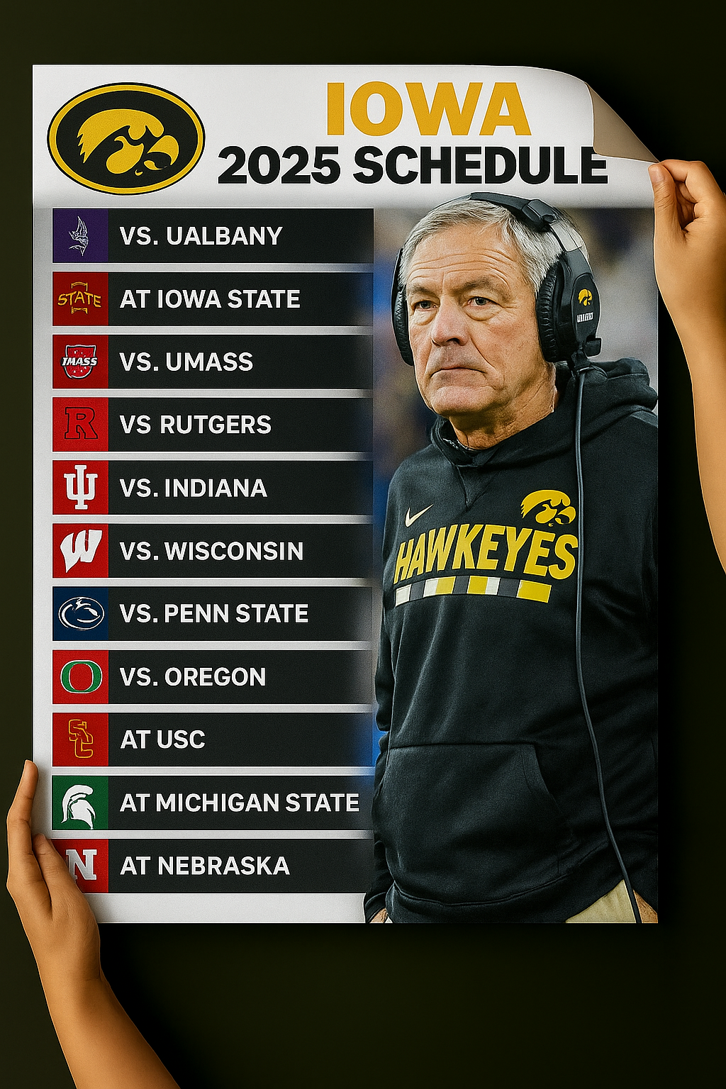 Iowa Hawkeyes 2025 Football Schedule Poster 13in x 19in