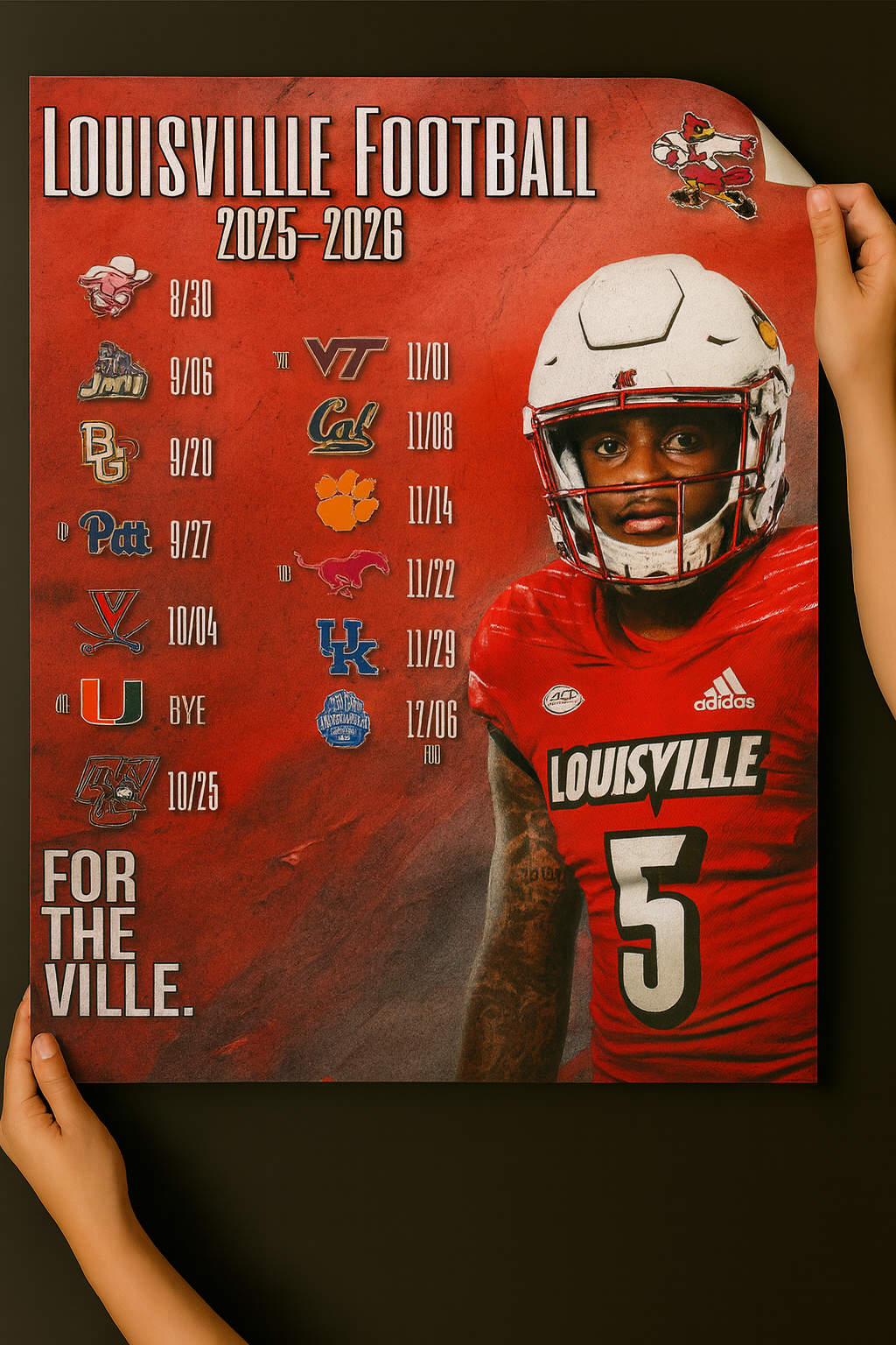 Louisville Cardinals 2025 Football Schedule Poster 13in x 19in