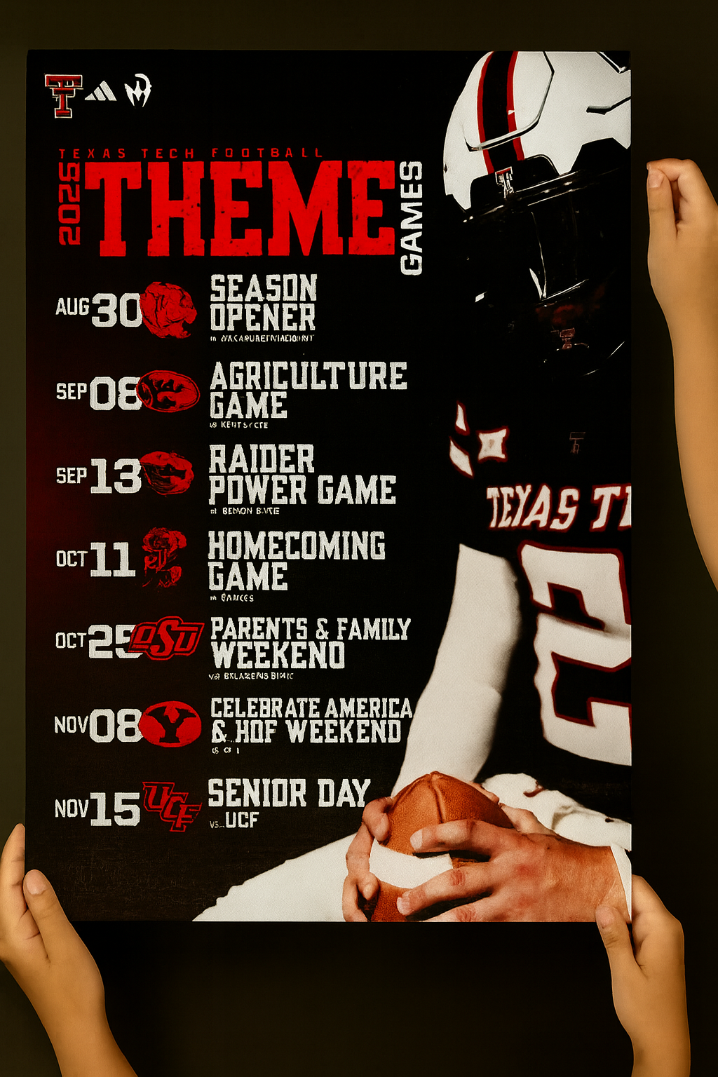 Texas Tech Red Raiders 2025 Football Schedule Poster 13in x 19in
