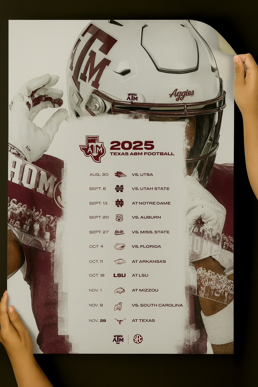 Texas A&M Aggies 2025 Football Schedule Poster 13in x 19in
