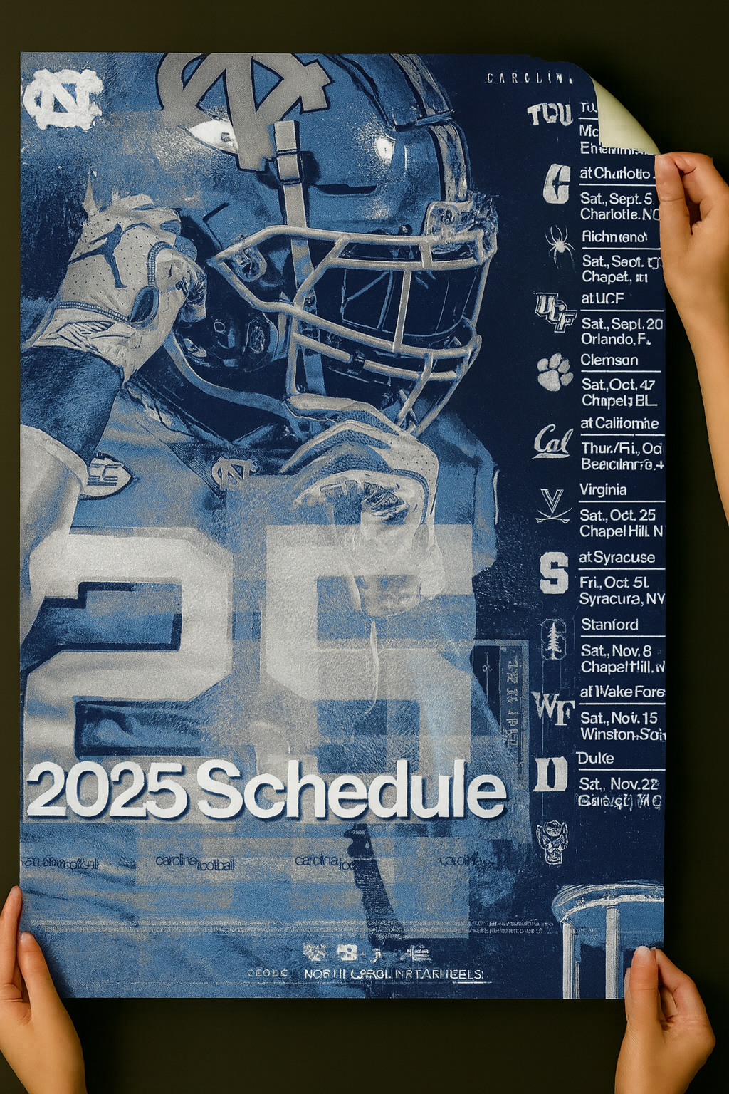 North Carolina Tar Heels 2025 Football Schedule Poster 13in x 19in