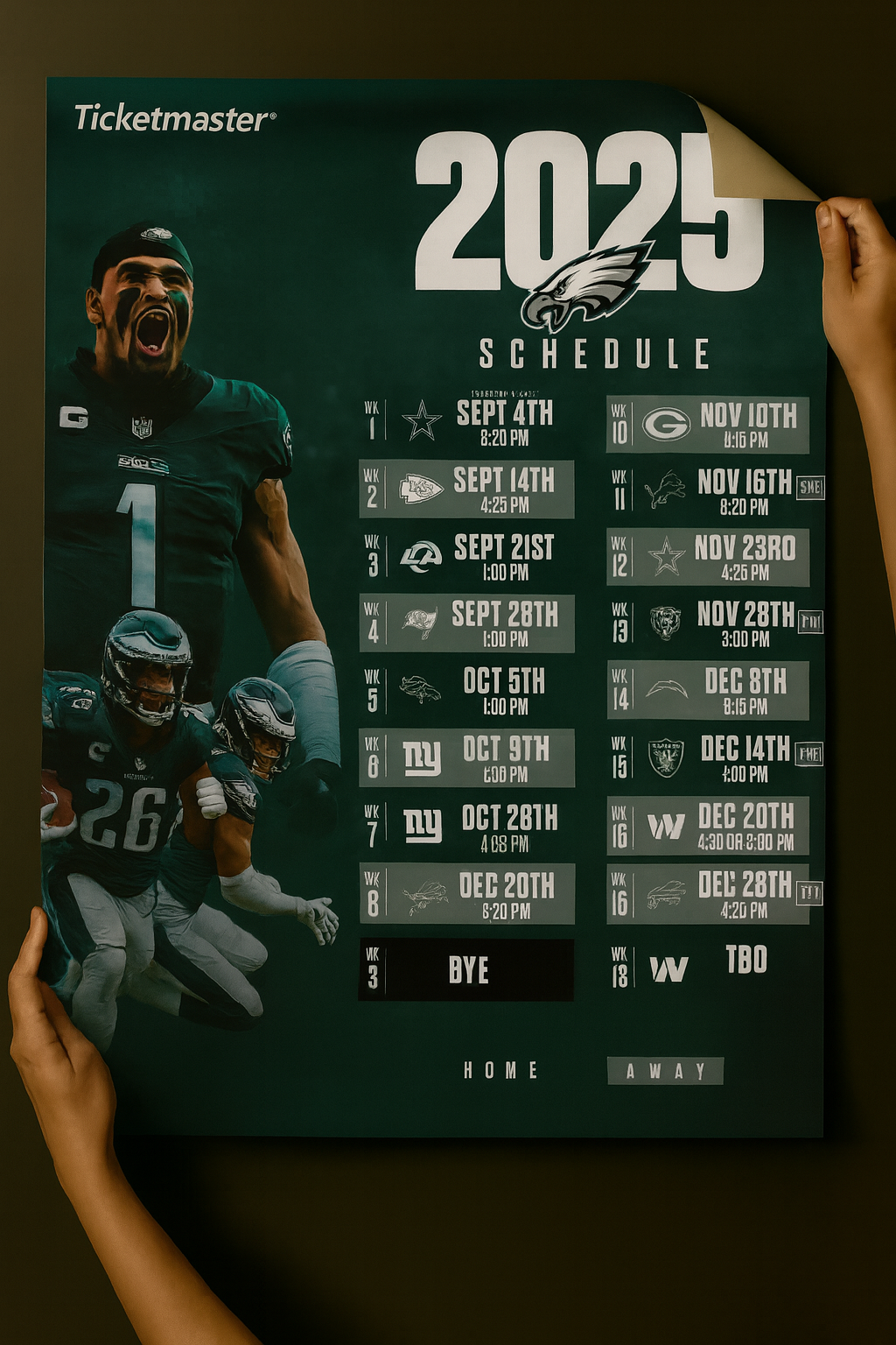 Philadelphia Eagles 2025 Football Schedule Poster 16.5in x 20.5in Glossy