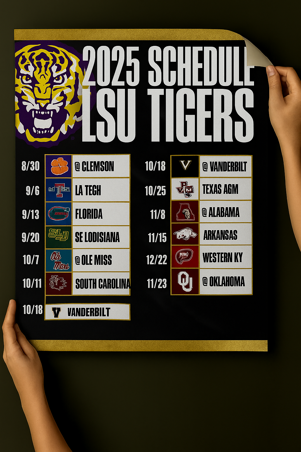 LSU Tigers 2025 Football Schedule Poster 16.5in X 23.4in