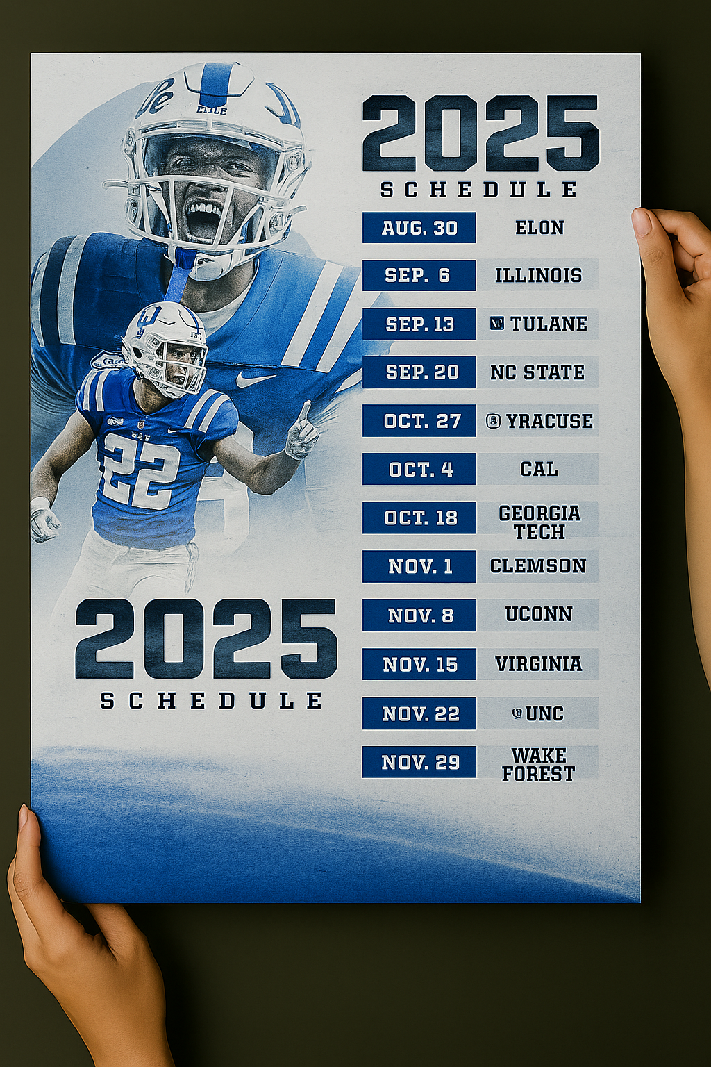 Duke Blue Devils 2025 Football Schedule Poster 13in x 19in