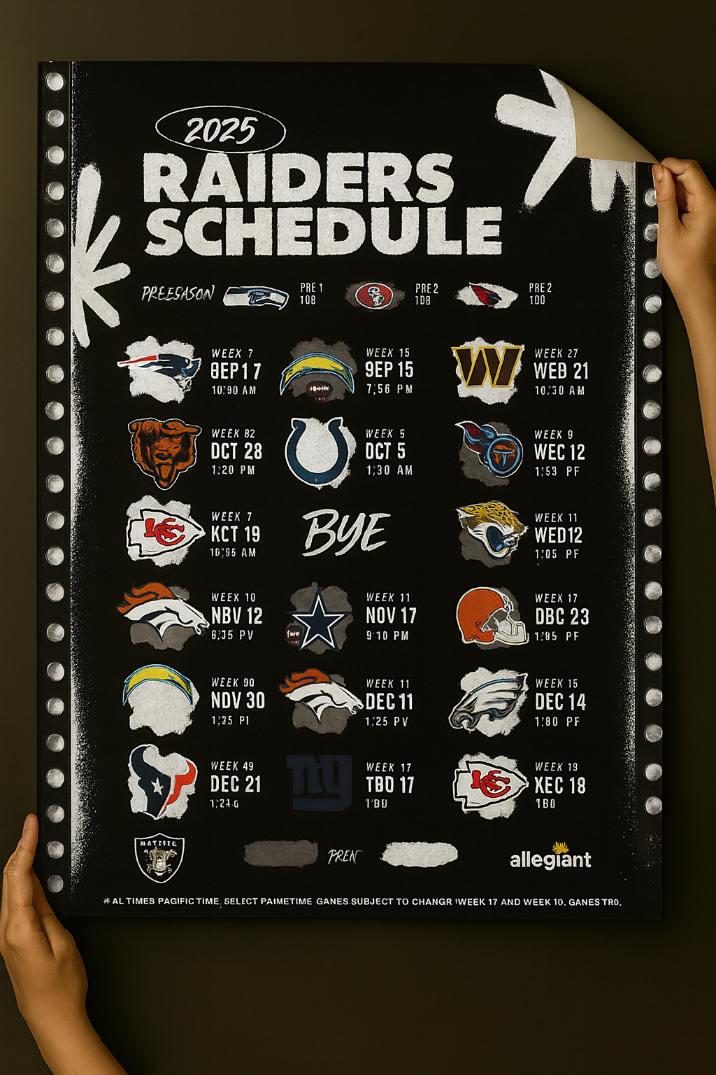 Las Vegas Raiders 2025 Football Schedule Poster 16.5in x 20.5in