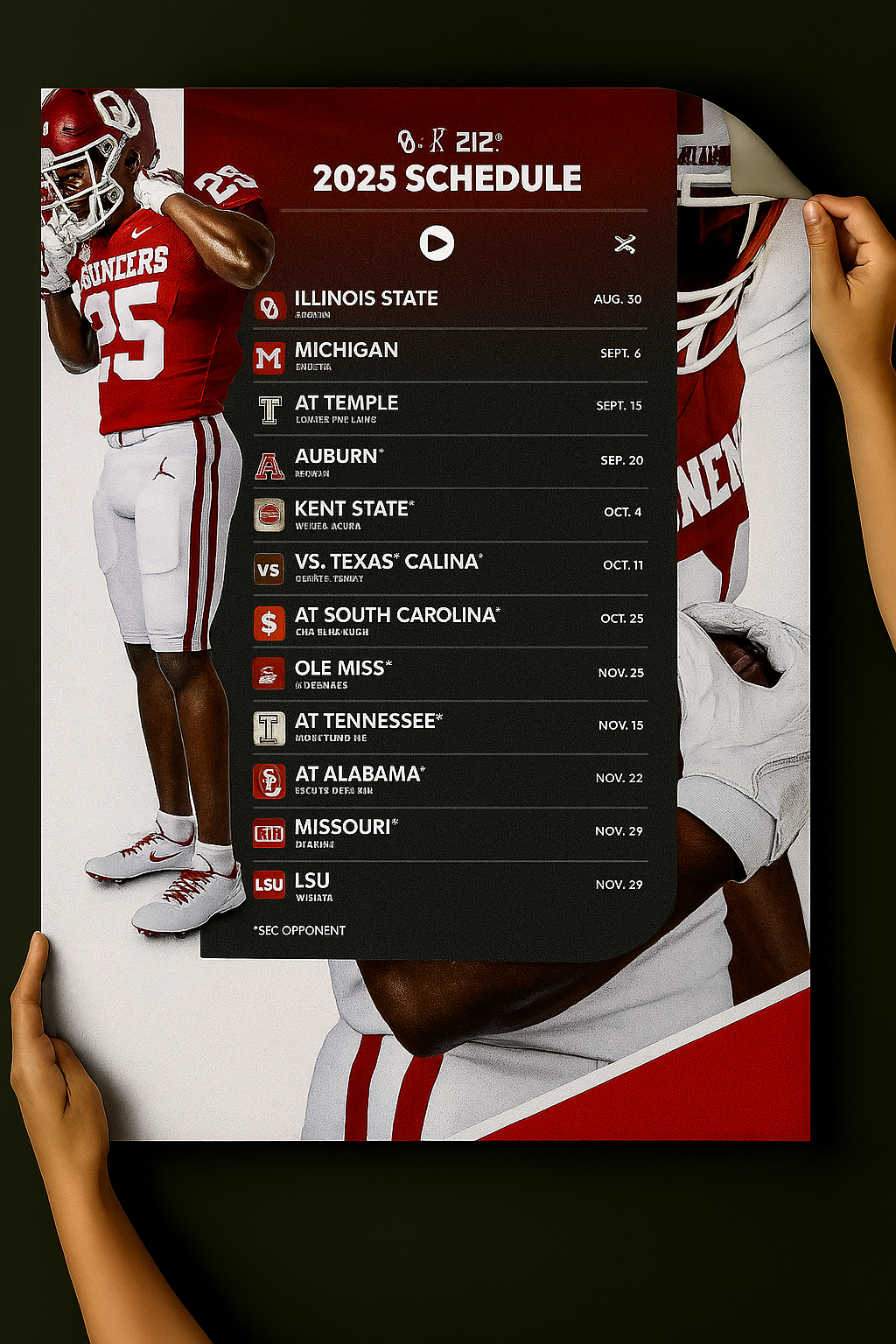 Oklahoma Sooners 2025 Football Schedule Poster 13in x 19in