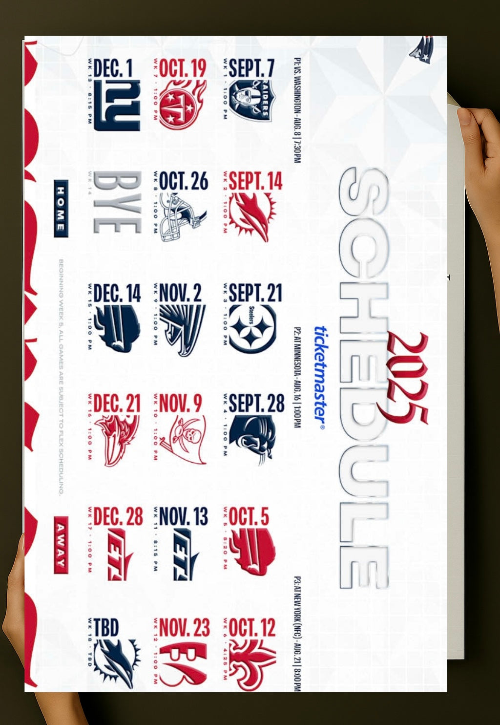 New England Patriots 2025 Football Schedule Poster 16.5in x 20.5in Poster