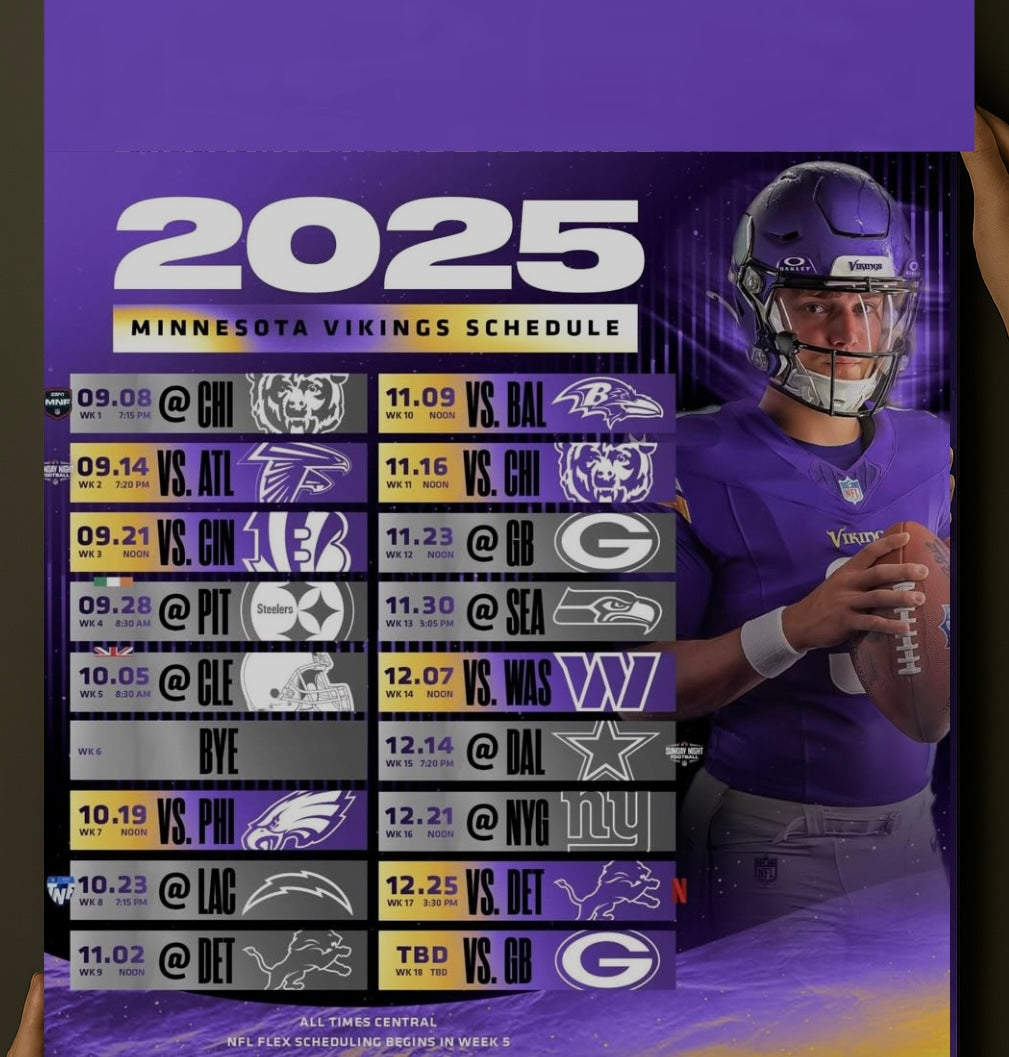 Minnesota Vikings 2025 Football Schedule Poster 16.5in x 20.5in