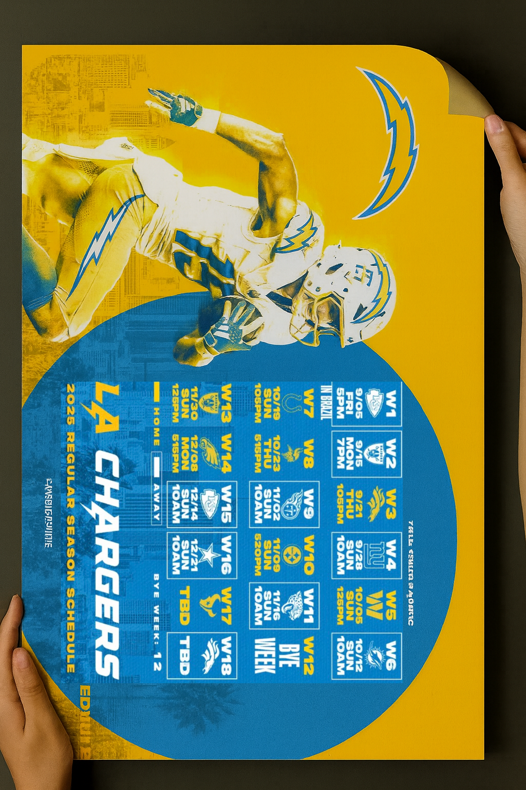 Los Angeles Chargers 2025 Football Schedule Poster 16.5in x 20.5in