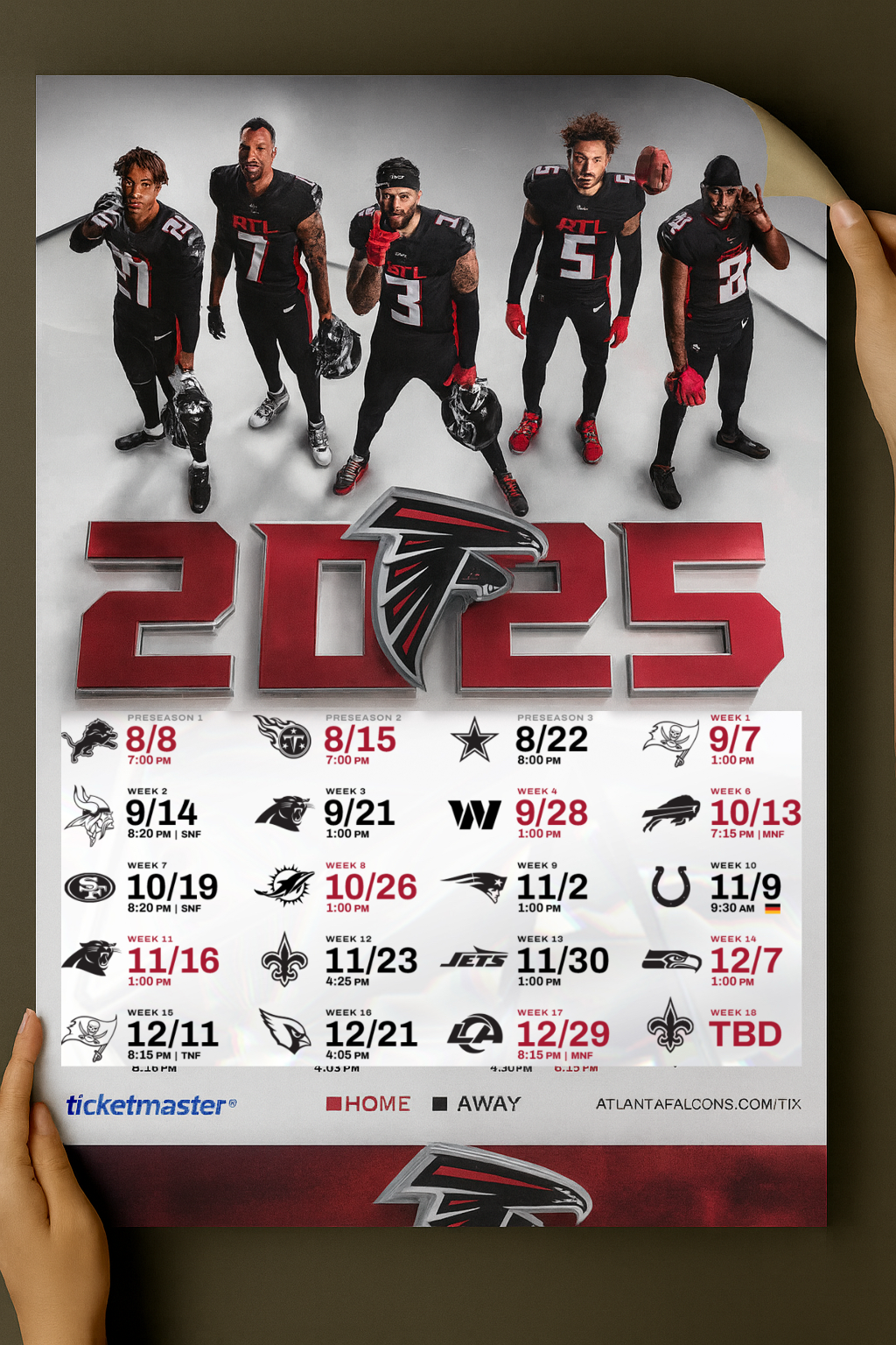 Atlanta Falcons 2025 Football Schedule Poster 16.5in x 20.5in