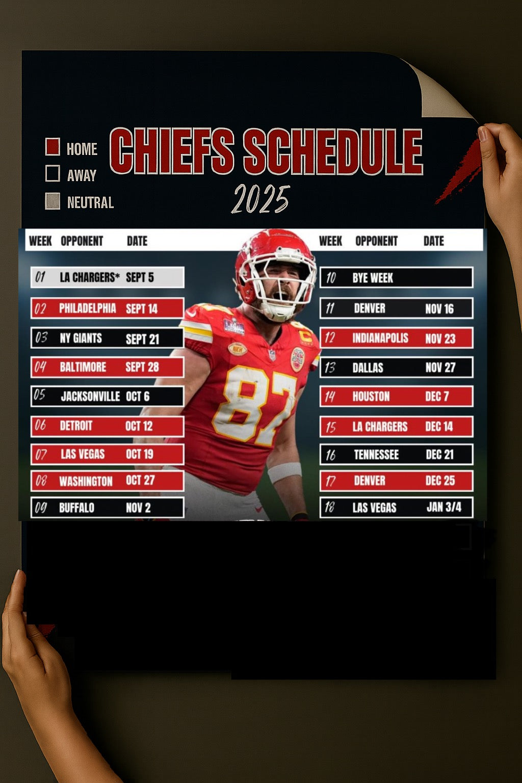 Kansas City Chiefs 2025 Football Schedule Poster 16.5in x 20.5in