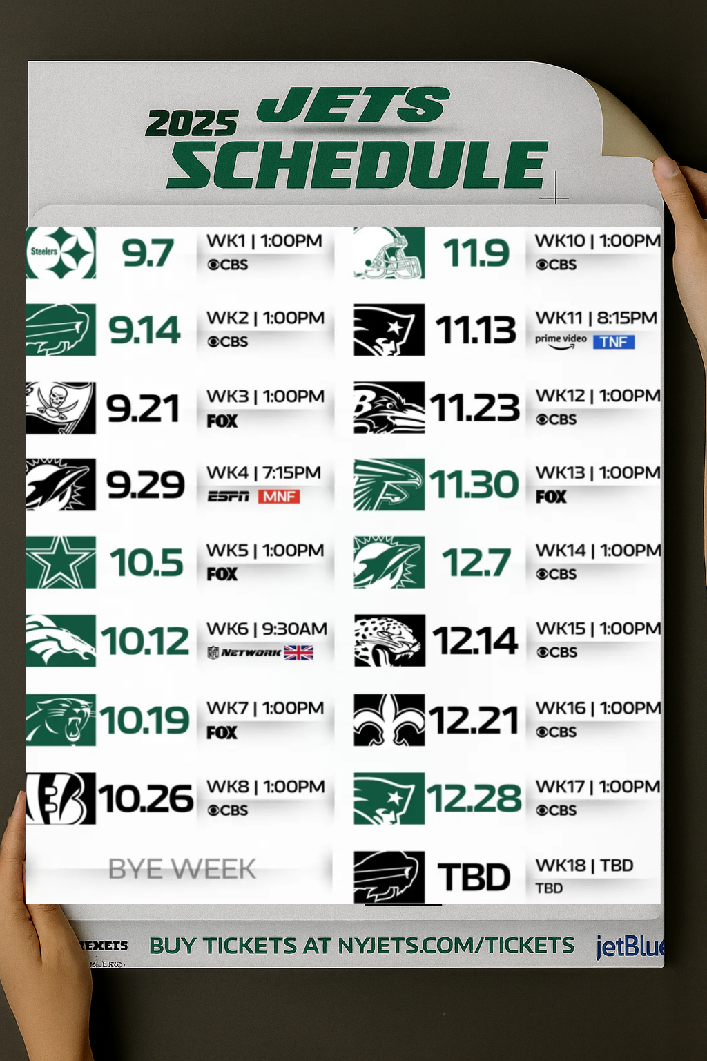 New York Jets 2025 Football Schedule Poster 16.5in x 20.5in
