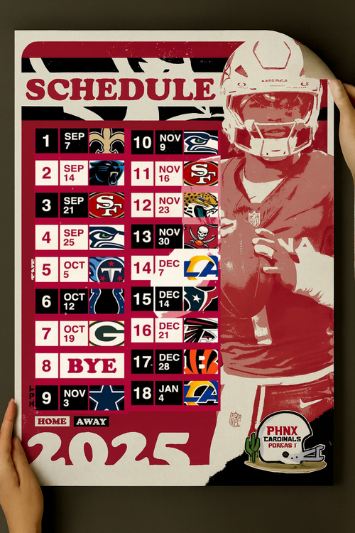 Arizona Cardinals 2025 Football Schedule Poster 16.5in x 20.5in