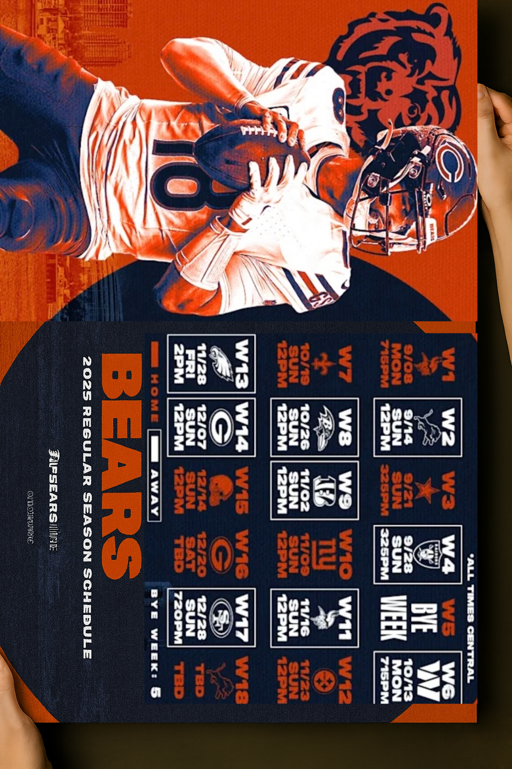 Chicago Bears 2025 Football Schedule Poster 16.5in x 20.5in