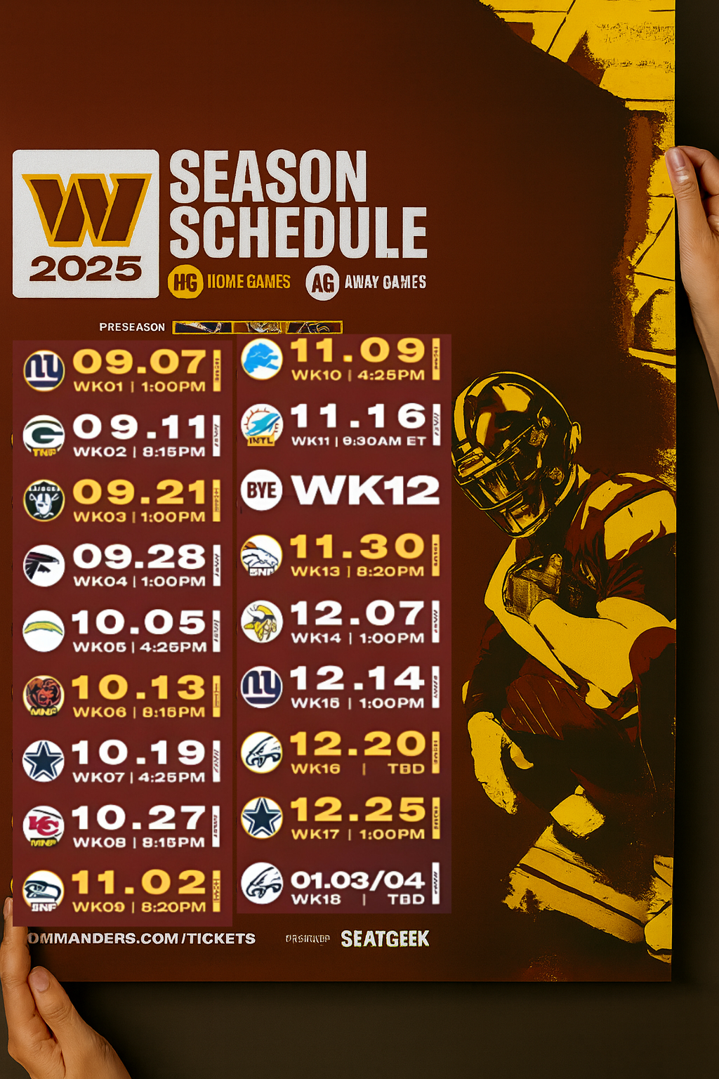 Washington Commanders 2025 Football Schedule Poster 16.5in x 20.5in