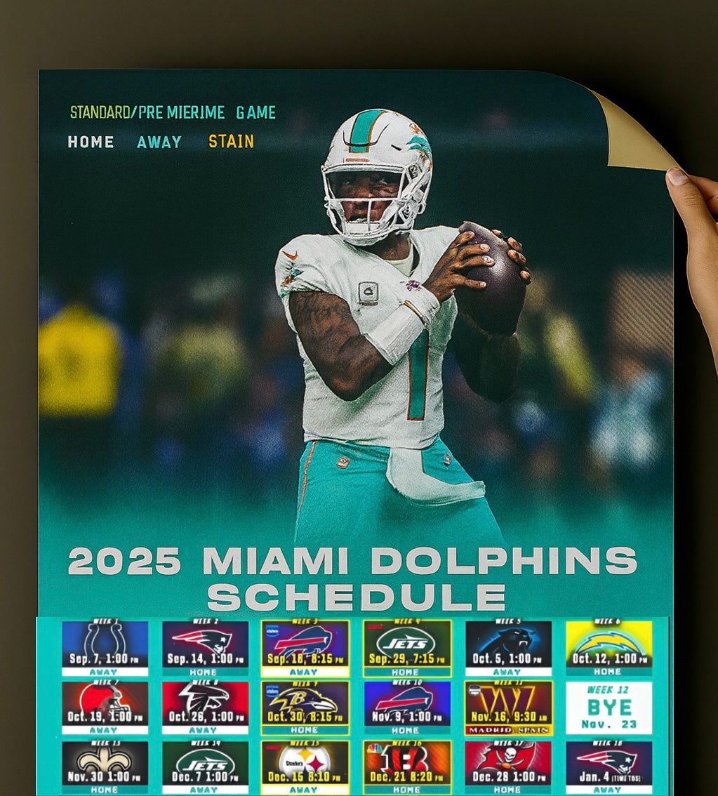 Miami Dolphins 2025 Football Schedule Poster 16.5in x 20.5in