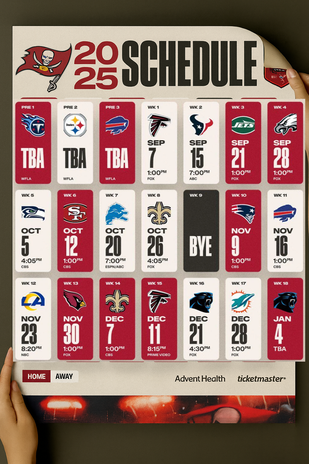 Tampa Bay Buccaneers 2025 Football Schedule Poster 16.5in x 20.5in