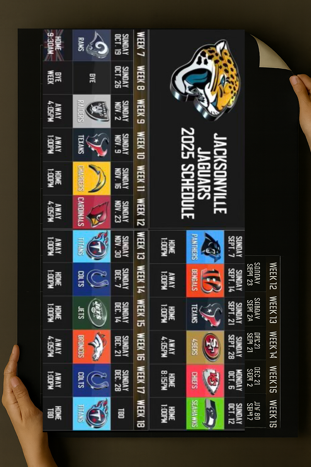 Jacksonville Jaguars 2025 Football Schedule Poster 16.5in x 20.5in Poster
