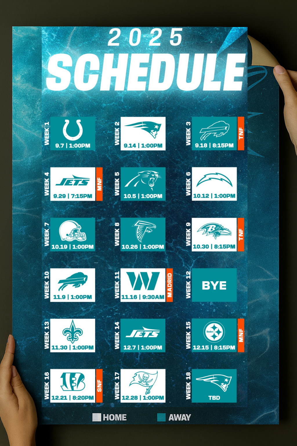 Miami Dolphins 2025 Football Schedule Poster 16.5in x 20.5in Poster
